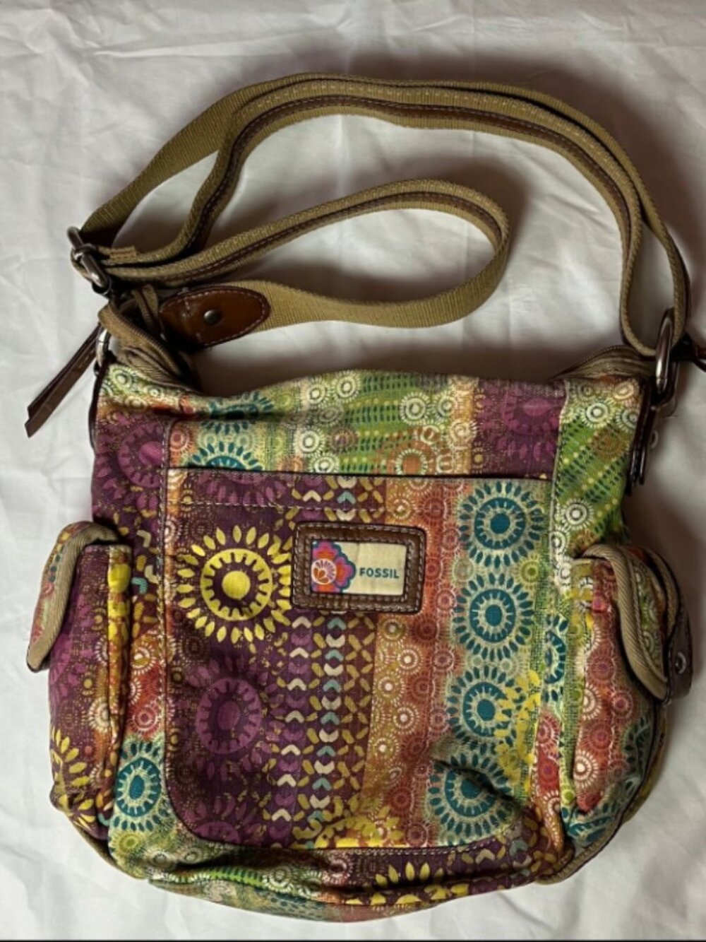 Y2K Fossil "Key Per" Multi Canvas Messenger Crossbody Bag Purse + Key Boho